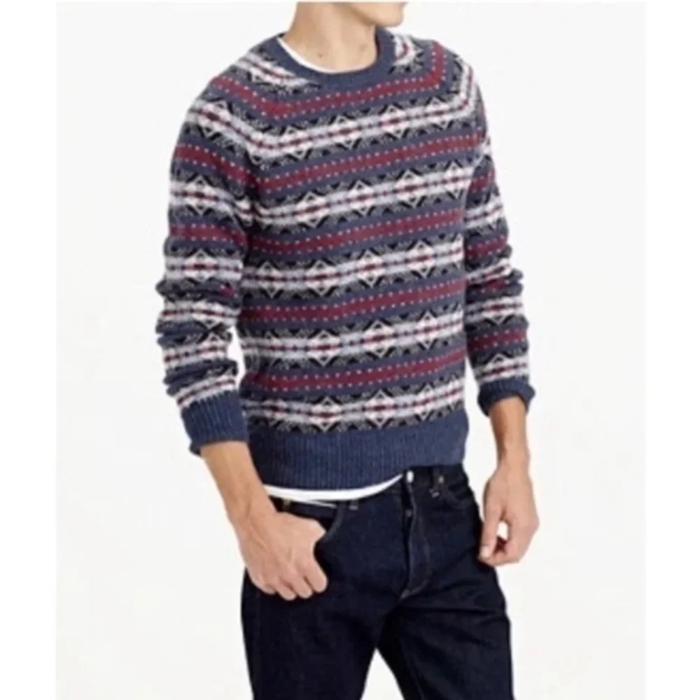 J Crew Men Large 100% Lambswool Fair Isle Knit Multicolor Crewneck Sweater